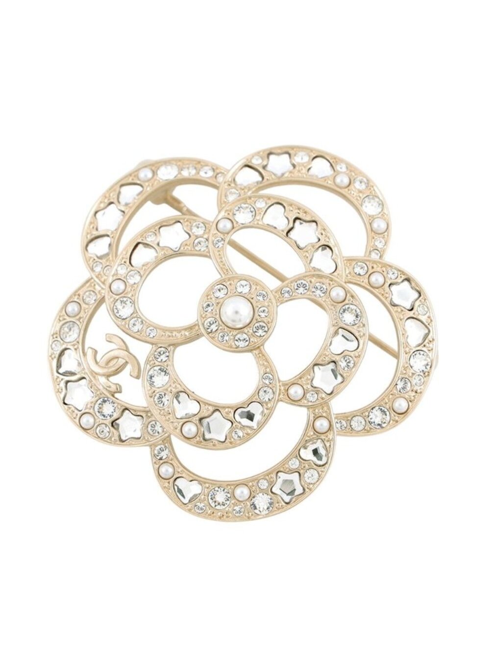 Chanel Brooch CC Logo Camellia Rhinestone Faux Pearl